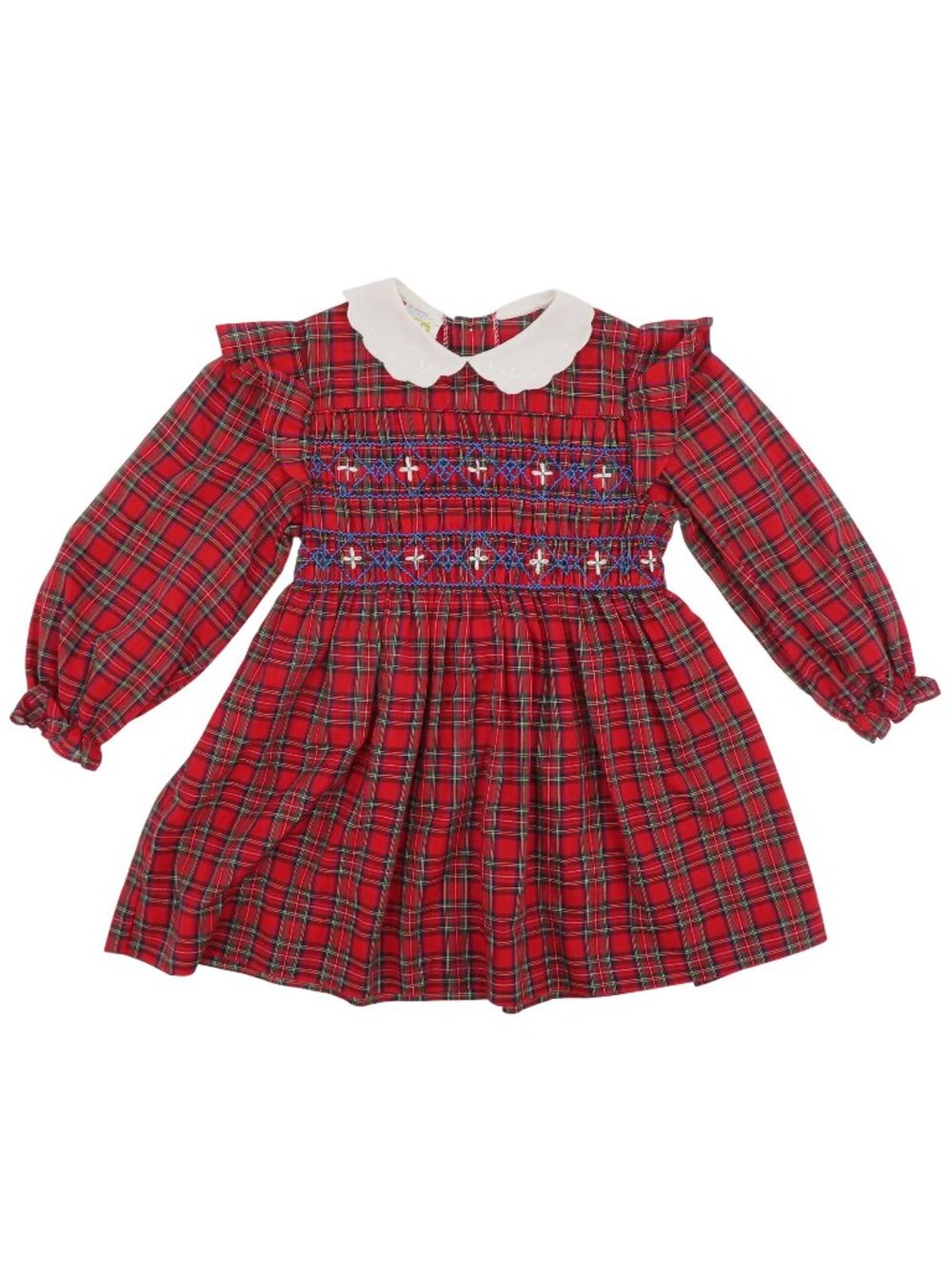VTG Happy Kids Girls 5 Red Plaid Tartan Check White Collar Smocked Dress Holiday